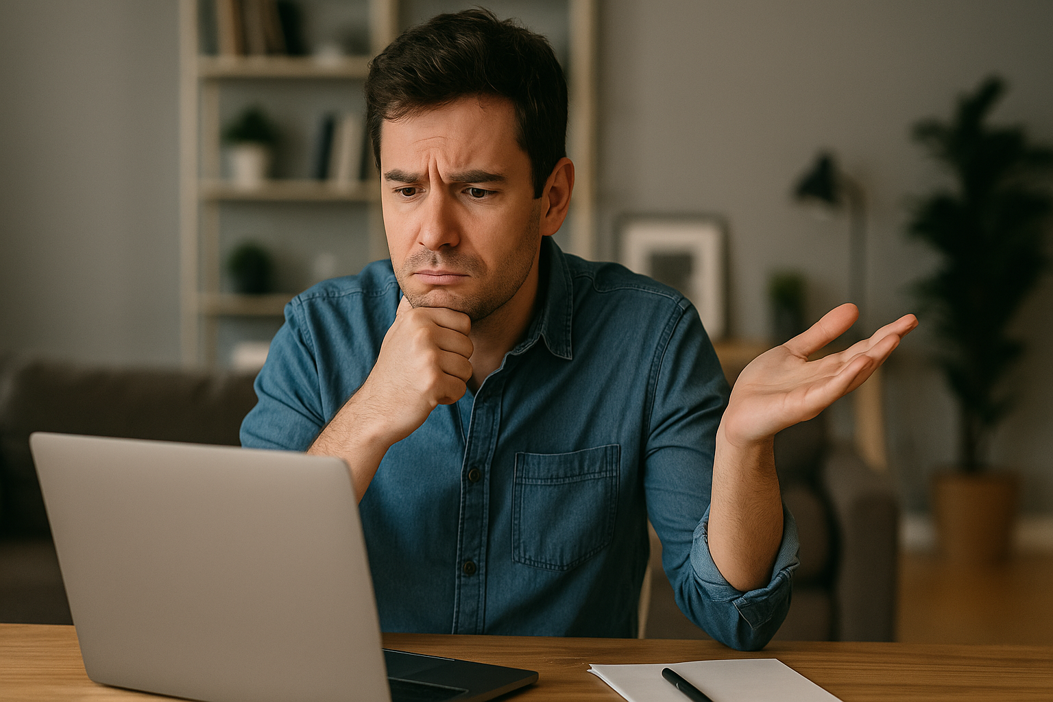 Man at a laptop frowns and raises one hand in uncertainty, illustrating difficulty navigating an unclear website.